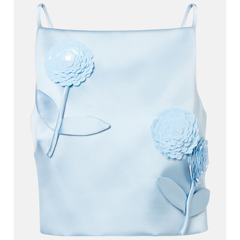 Self-Portrait Floral-appliquÃ sequined cropped satin top