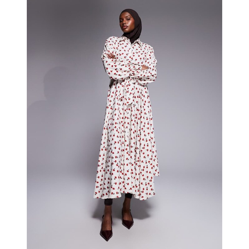 IYAL collar detail button through maxi dress in cream rose print-Multi 114154663