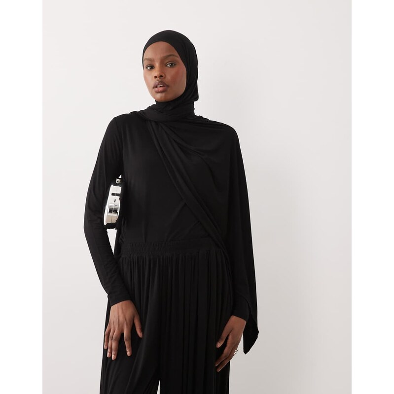 IYAL bamboo long sleeve wrap cape detail top in black 114154633