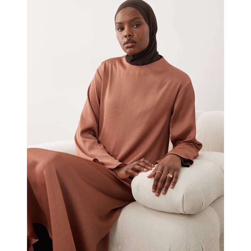 IYAL hammered satin high neck long sleeve tunic top co-ord in rust 114154665