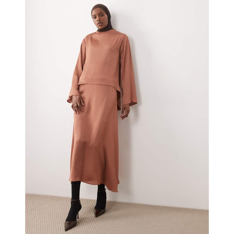 IYAL hammered satin midi slip skirt co-ord in rust-Brown 114154659