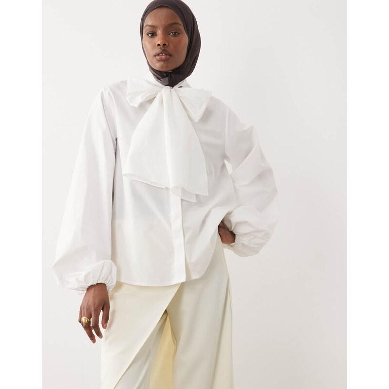 IYAL cotton oversized bow detail poplin shirt co-ord in white 114154642