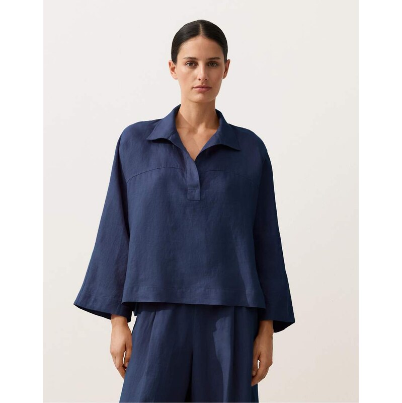 OYSHO Oversize long-sleeve 100% linen polo shirt in navi blue