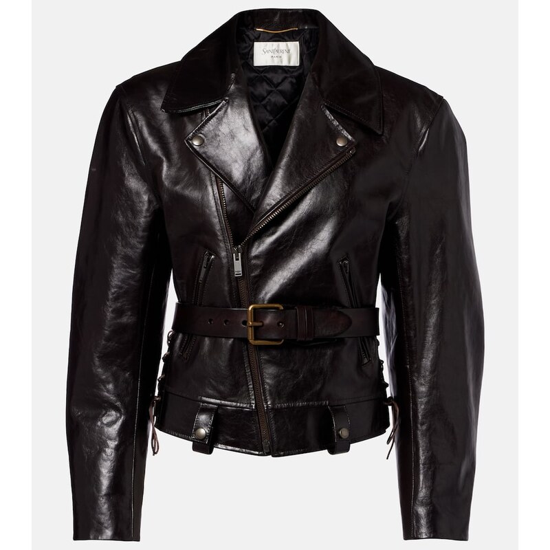 Dámská kožená biker bunda Saint Laurent v marron fonce a beige rose