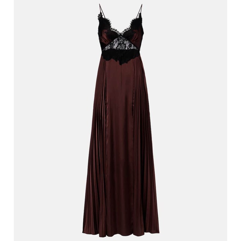 Self-Portrait Lace-trimmed pleated satin maxi dress