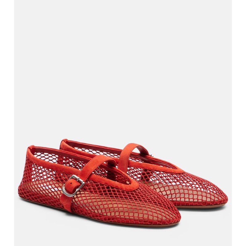 Alaia AlaÃ¯a Suede-trimmed fishnet ballet flats