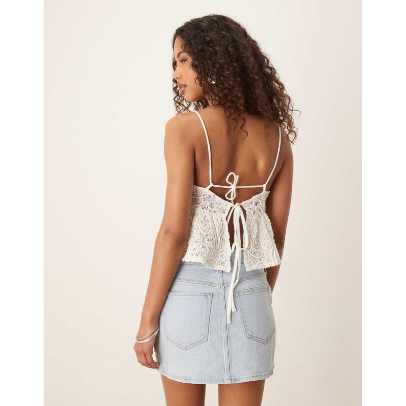 ASOS DESIGN textured lace frill detail tie back cami top in