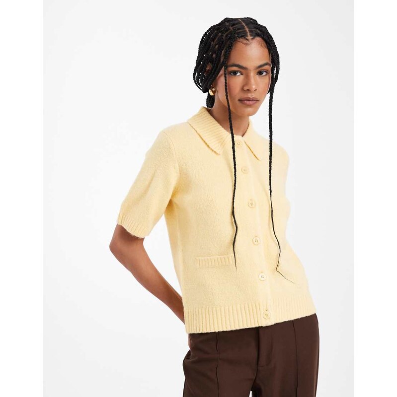 Threadbare short sleeve cardigan with collar in lemon yellow