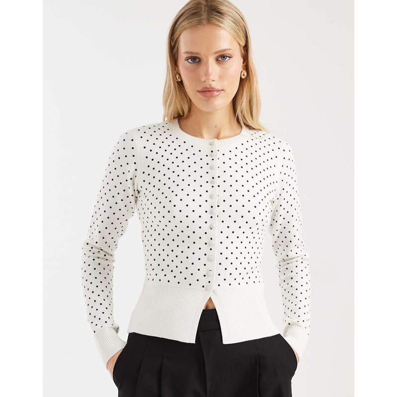 Threadbare crew neck cardigan with polka dot print in white