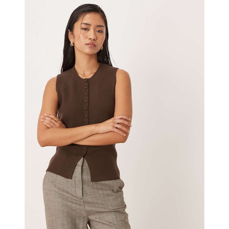 Threadbare crew neck cardigan vest in chocolate brown