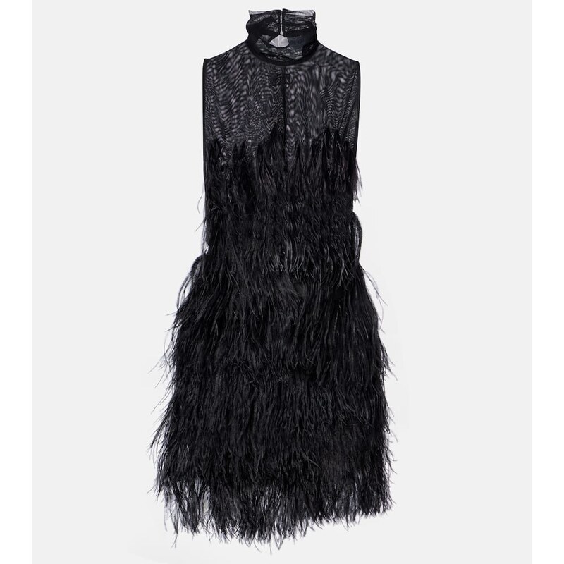 The Attico Feather-trimmed embroidered minidress