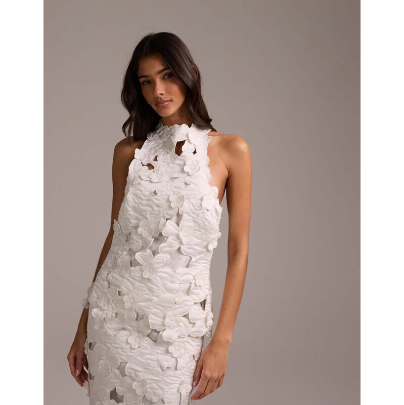 ASOS DESIGN bridal 3D floral cut work halter top in ivory-White