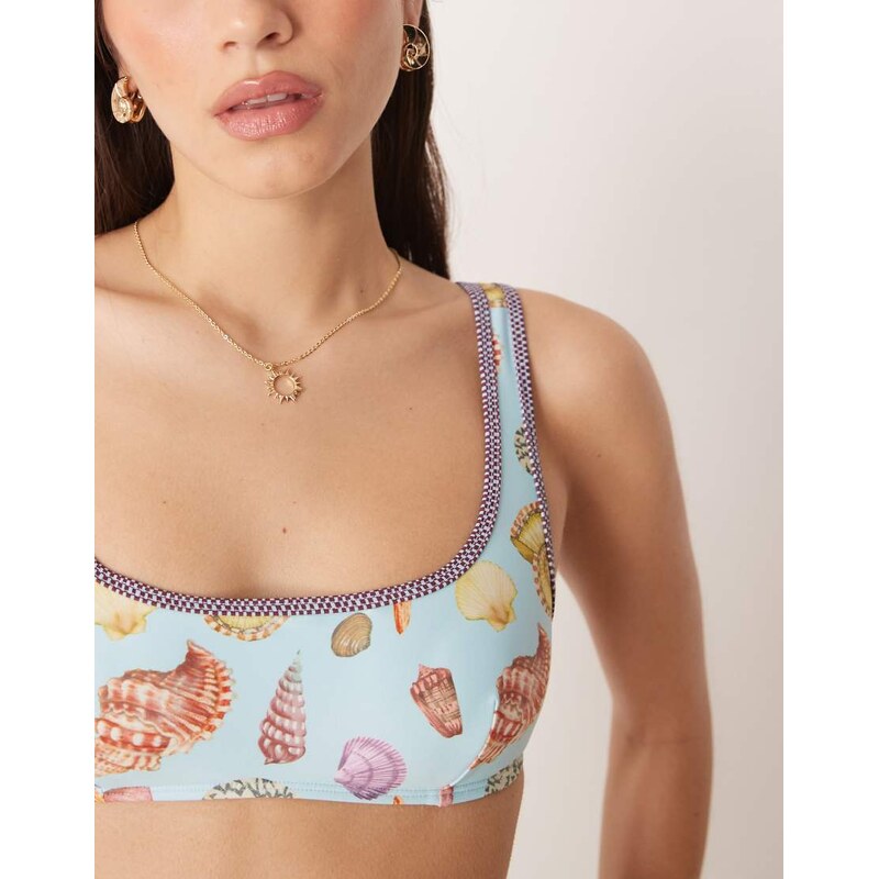 ASOS DESIGN Solar Starfish scoop front bikini top in blue sea print-Multi