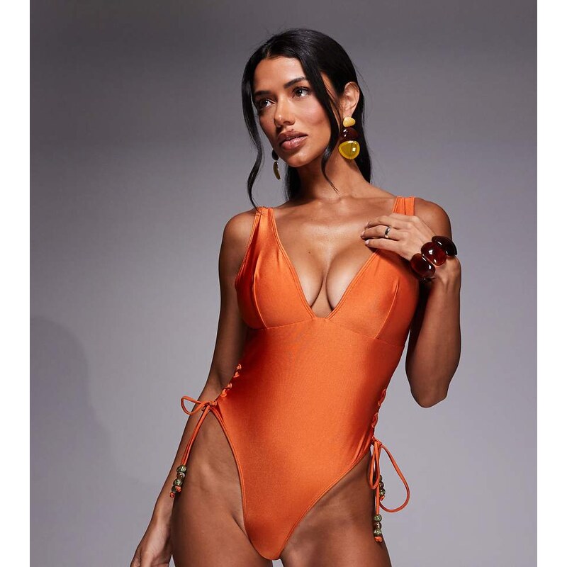 ASOS DESIGN Fuller Bust Carrie plunge lace up swimsuit in rust-Orange 114157258