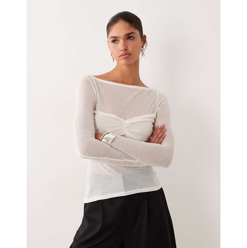 ASOS DESIGN knit-look semi sheer long sleeve top with ruched bust overlay in ivory-White