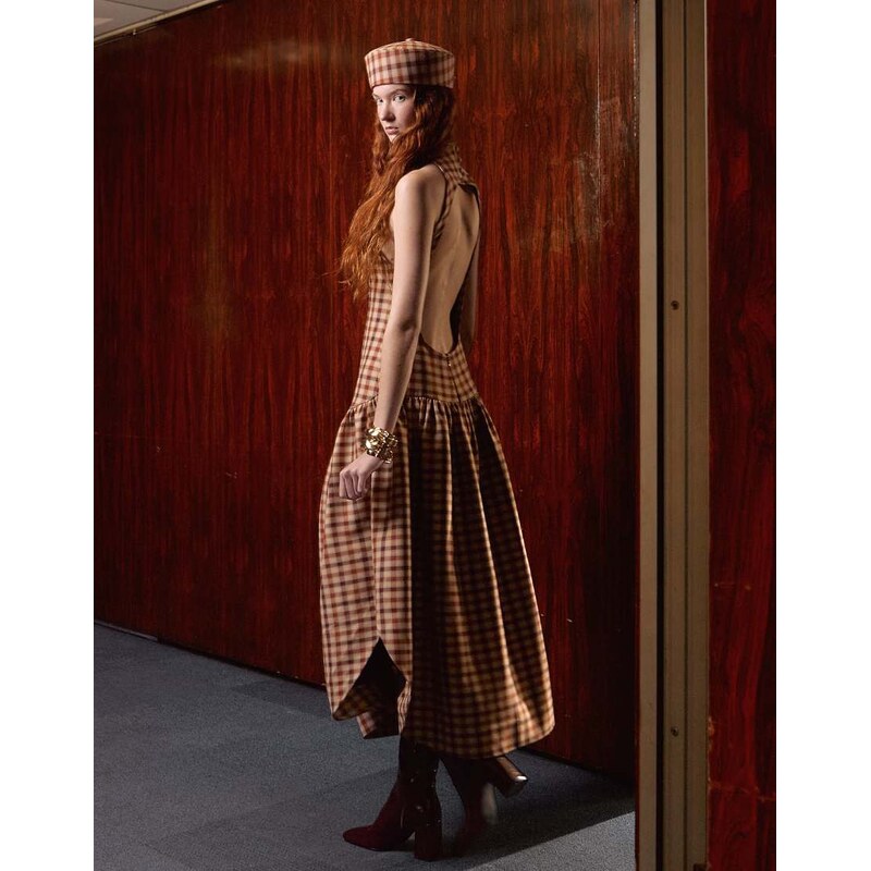 Tolu Coker x Topshop check open back midi dress in brown check 114385128