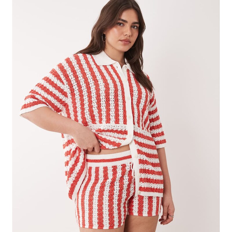 ASOS Curve ASOS DESIGN Curve beach knit short co-ord in red stripe 114958852
