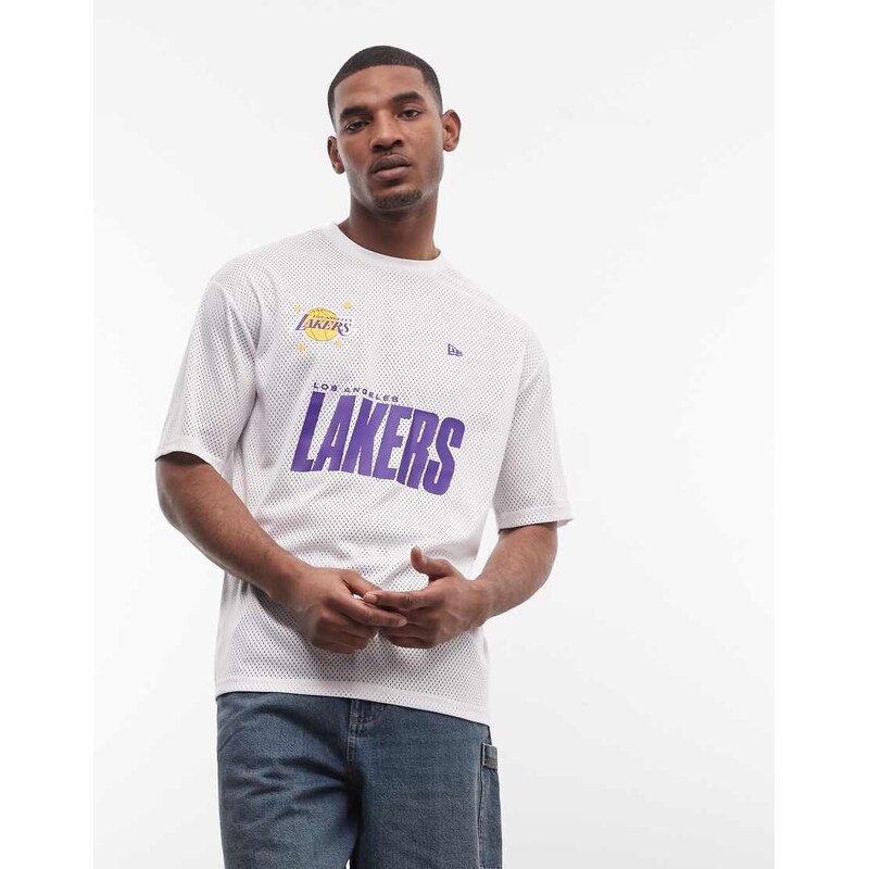New Era LA Lakers graphic mesh t-shirt in white