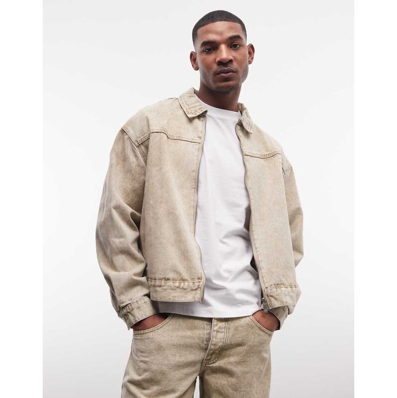 Liquor N Poker relaxed zip up denim jacket co-ord in beige