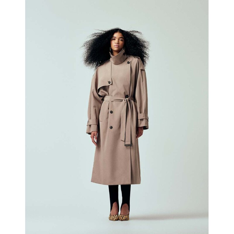 ASOS DESIGN oversized belted maxi trench coat in stone-Neutral 114154629