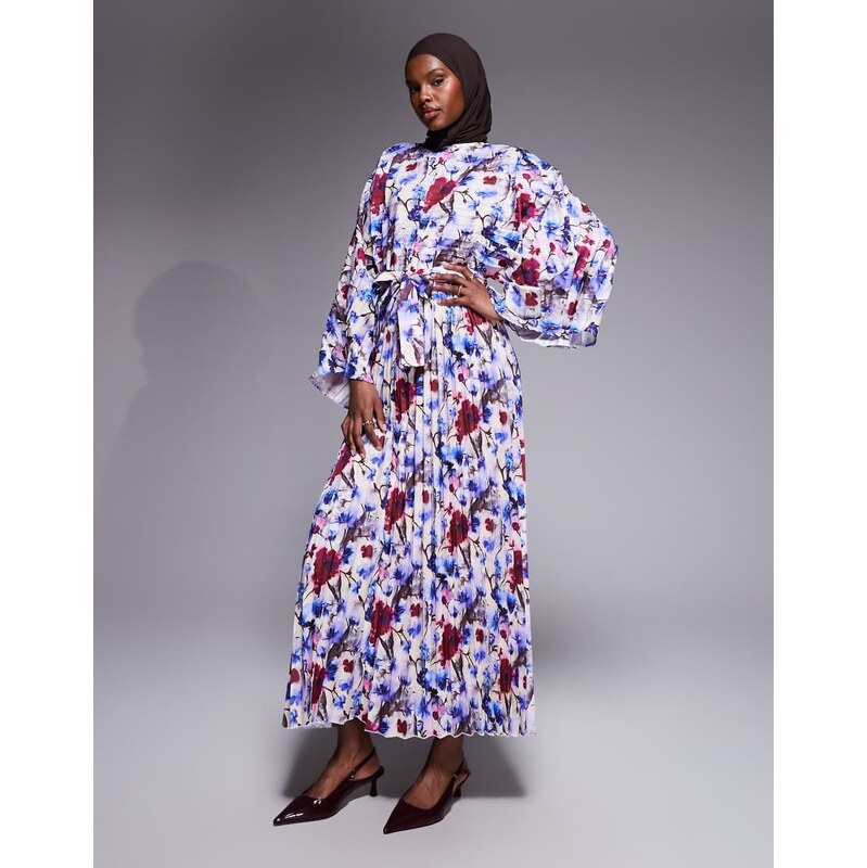IYAL long sleeve pleated detail kaftan dress in blue floral