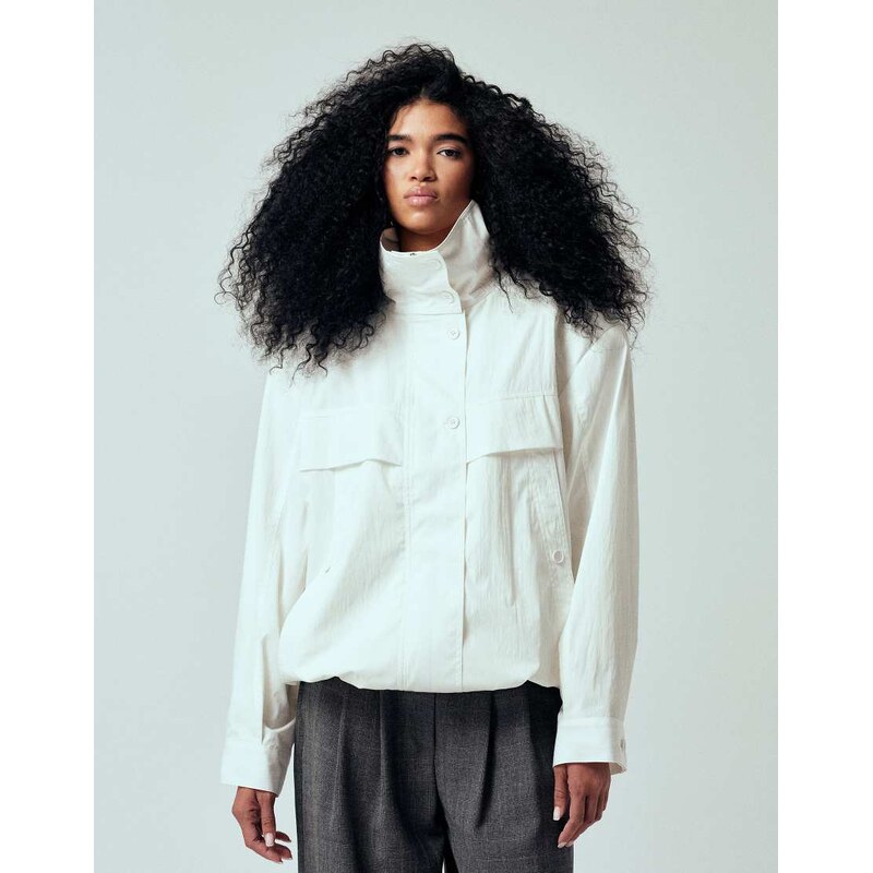 ASOS DESIGN iconic funnel neck sports jacket in ivory-White