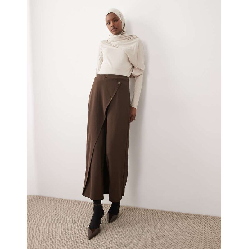 IYAL trouser with wrap over skirt button detail co-ord in brown