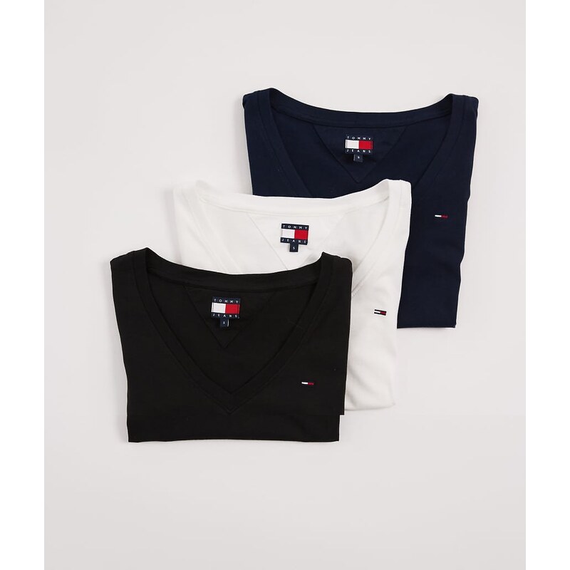 Tommy Jeans 3 pack v-neck t-shirts in black/navy/white 114155432