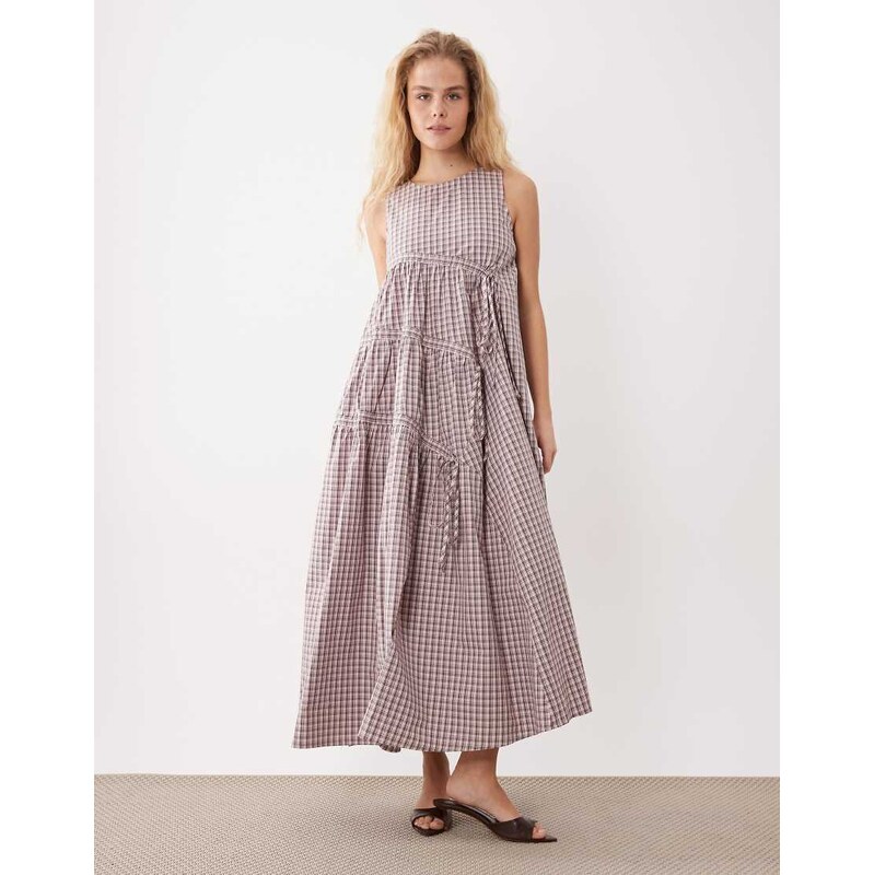 Ghospell drawstring tie detail sleeveless ruched midi dress in pink 114281602