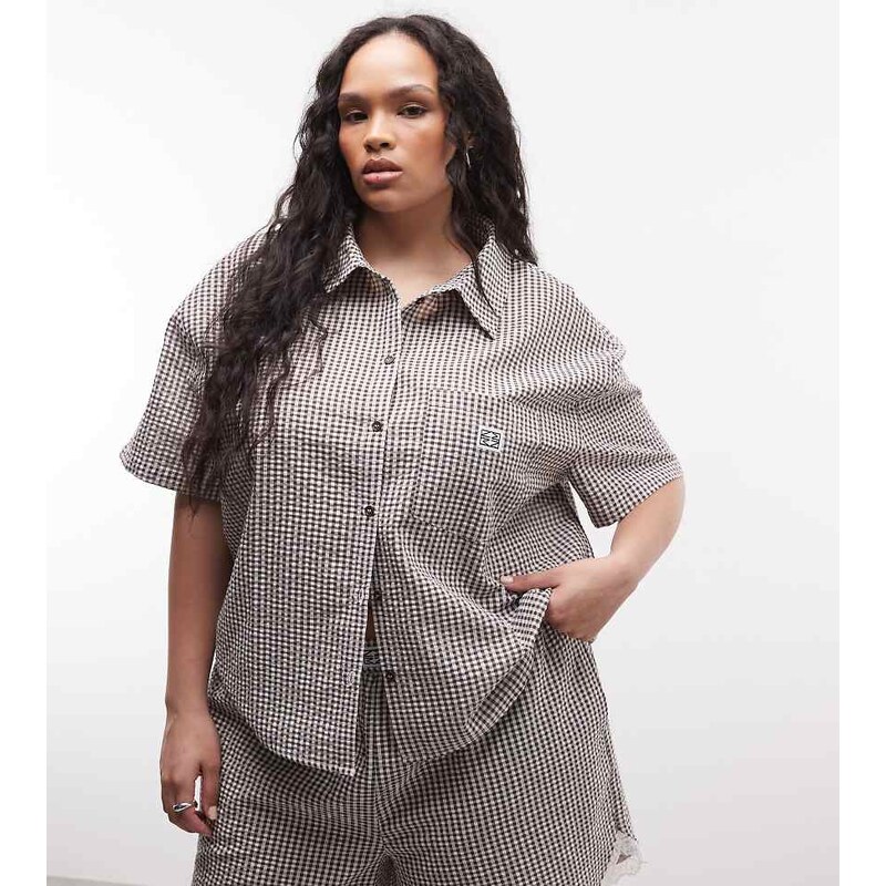 Noisy May Curve seersucker short sleeve boxy shirt co-ord in chocolate 114157349