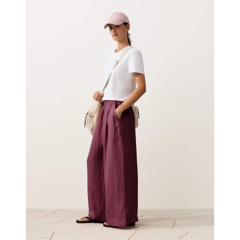 OYSHO 100% linen wide leg trousers in purple 114222055