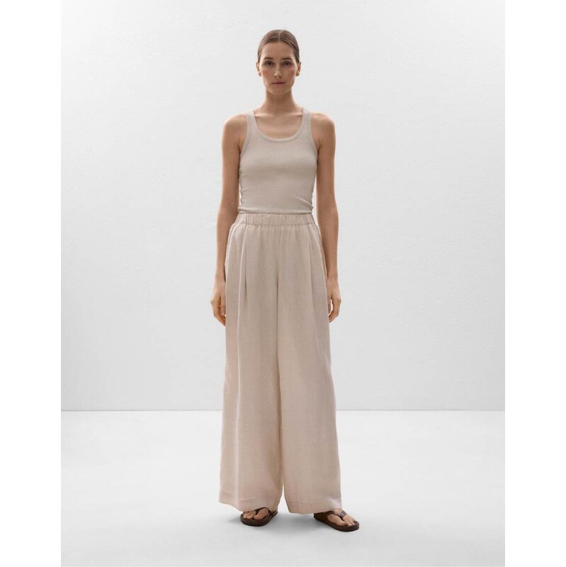 OYSHO 100% linen wide-leg trousers in sand melange-Brown 114183735