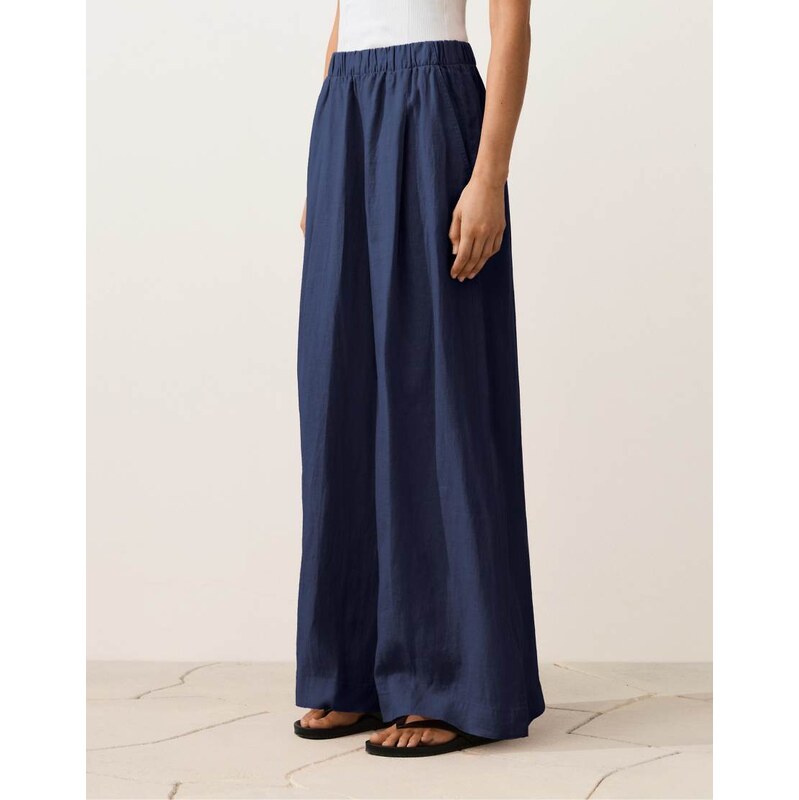 OYSHO 100% linen wide leg trousers in navi blue 114183734