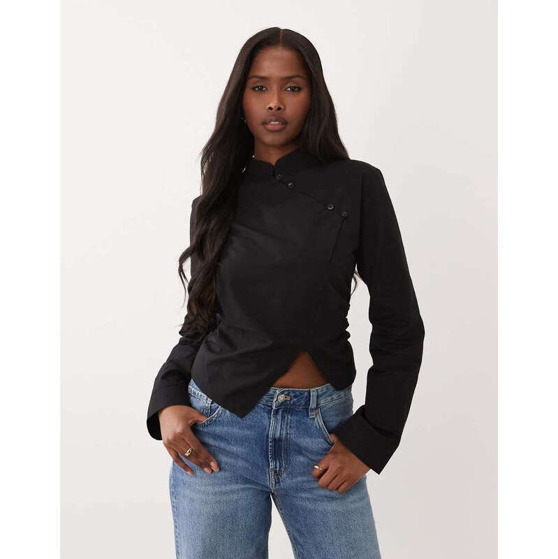 ASOS DESIGN mandarin collar cinch fitted shirt in black