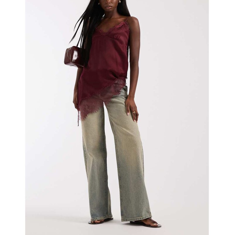 Pieces wide leg jeans in medium blue with brown wash