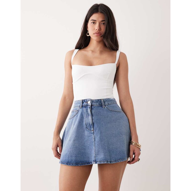ASOS DESIGN denim mini circle skirt in mid blue