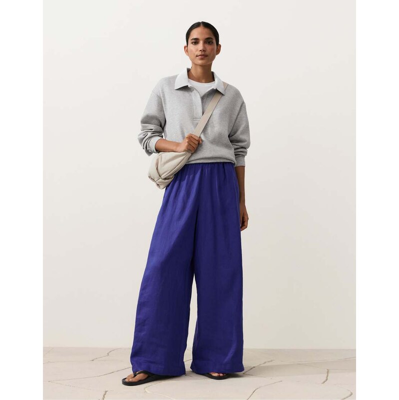 OYSHO 100% linen wide-leg trousers with side pleat in cobalt-Blue 114183732