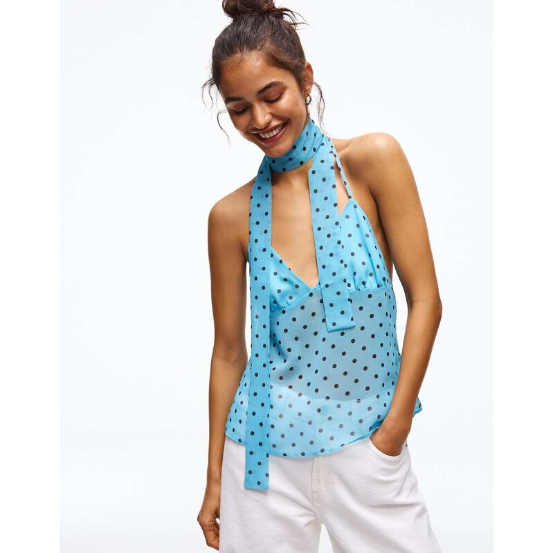 Bershka Polka dot scarf strap top in blue