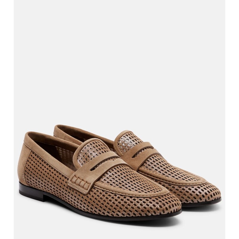 Brunello Cucinelli Perforated suede-trimmed leather penny