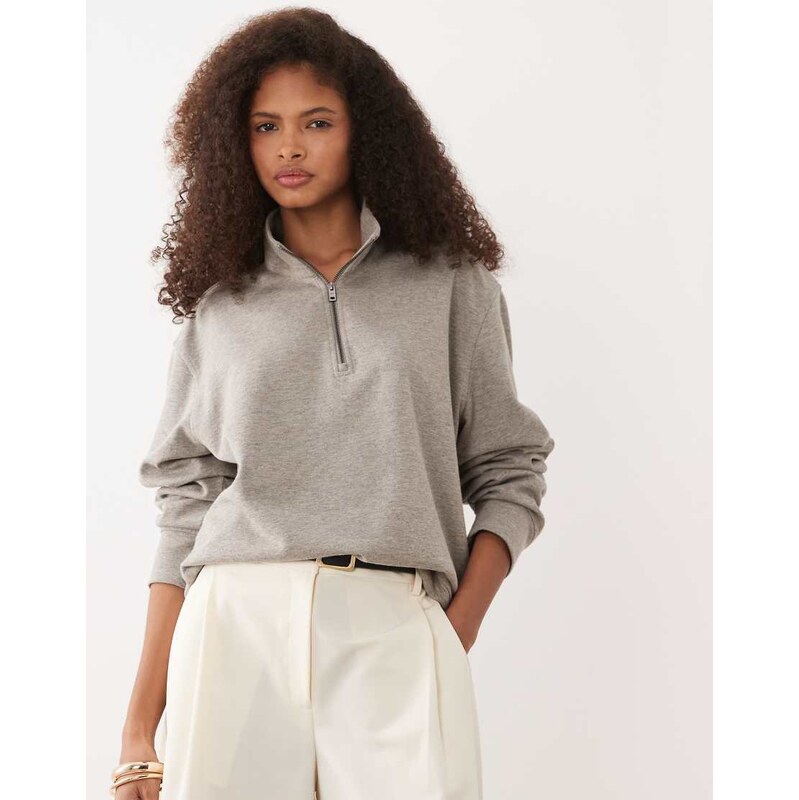 Mango relaxed fit quarter zip sweatshirt in tan-Brown