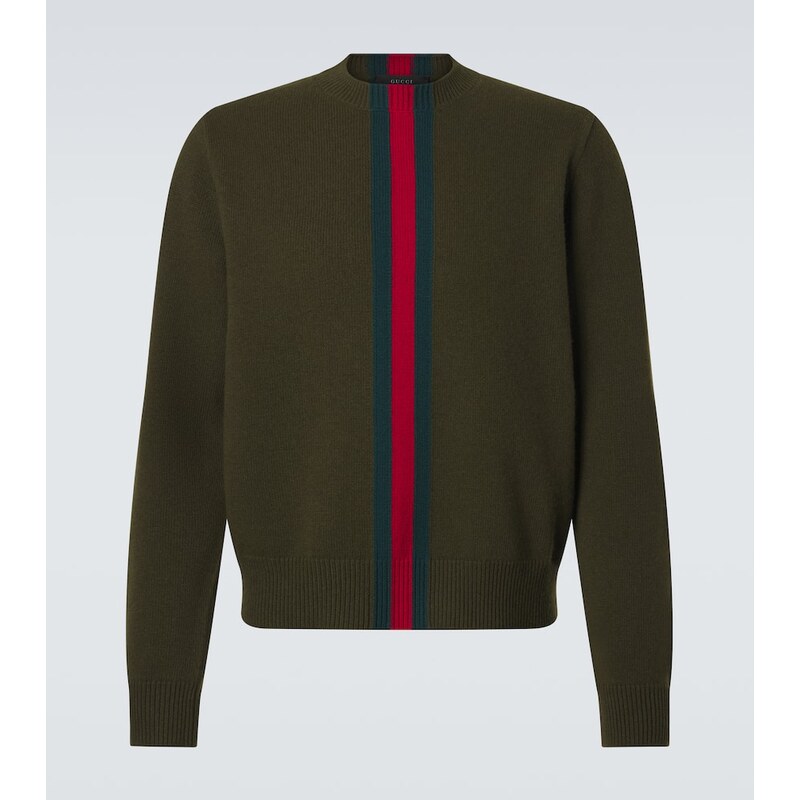 Pánský svetr z vlny Gucci Web Stripe v tmavozelené barvě