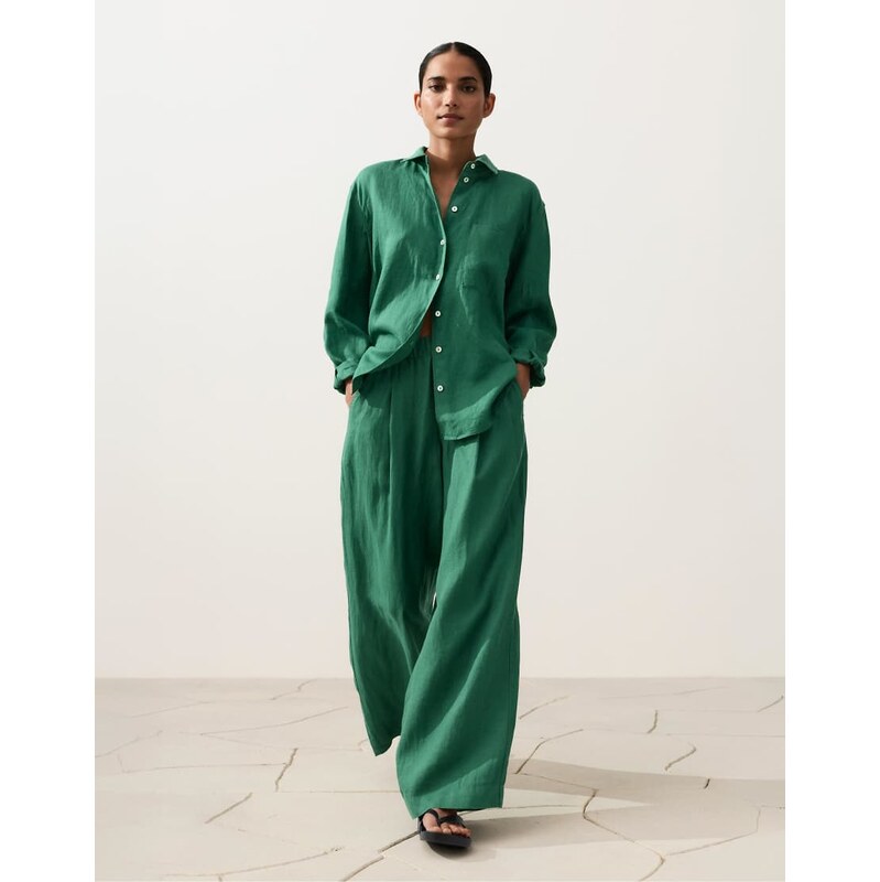 OYSHO 100% linen wide leg trousers in green 114222053