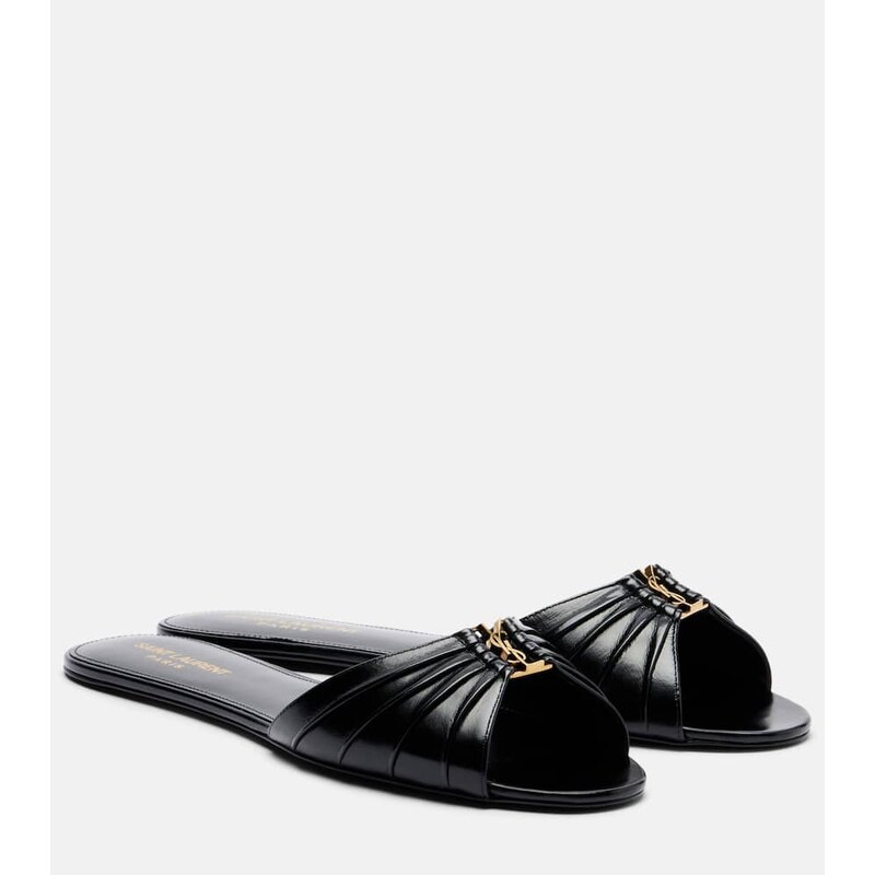 Kůžové pantofle Saint Laurent Cassandre v černém provedení