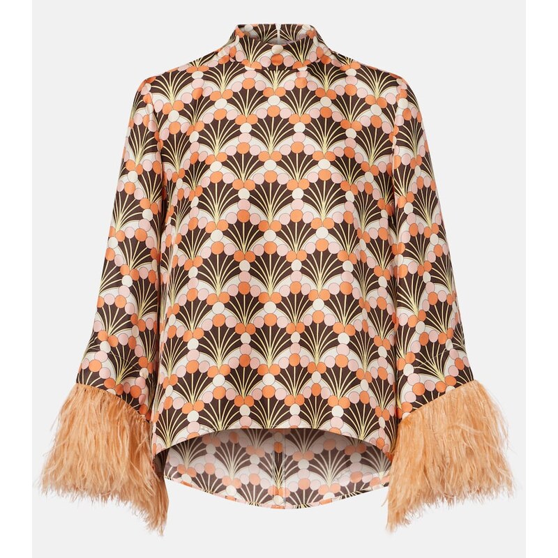La DoubleJ Make An Exit feather-trimmed silk twill top