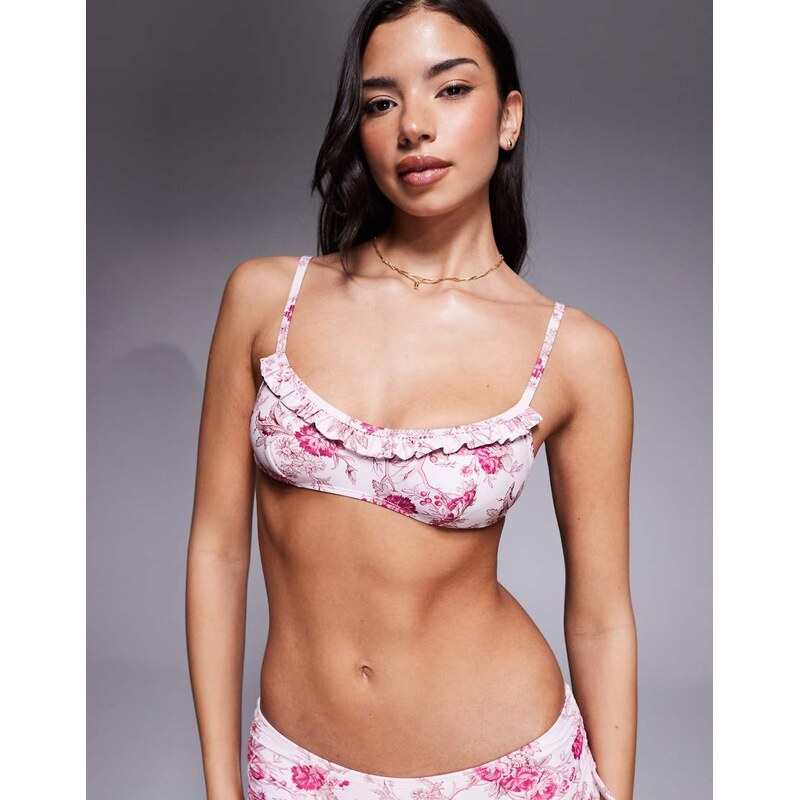 ASOS DESIGN Flora frill scoop bikini top in vintage floral-Multi