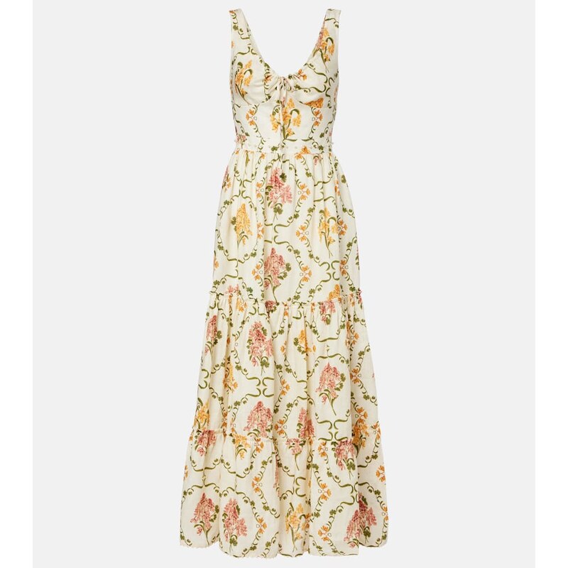 Agua by Agua Bendita Azulejo embellished floral linen maxi dress