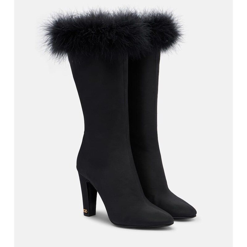 Valentino Garavani Hotty feather-trimmed satin knee-high boots