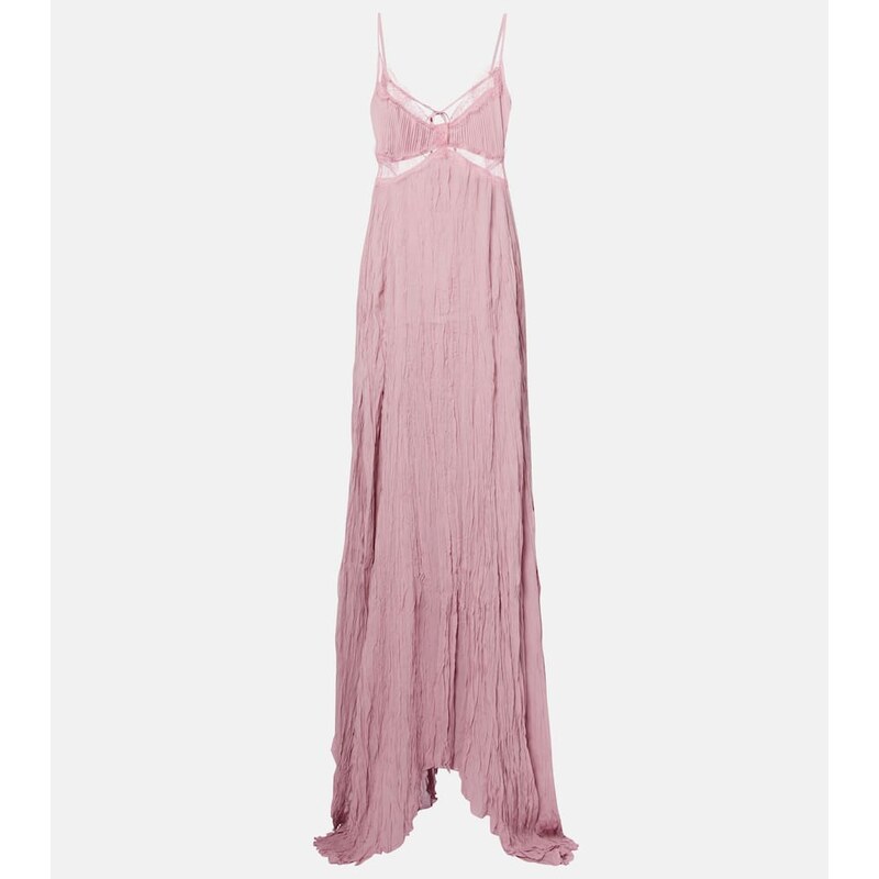 Blumarine Lace-trimmed plissÃ georgette gown