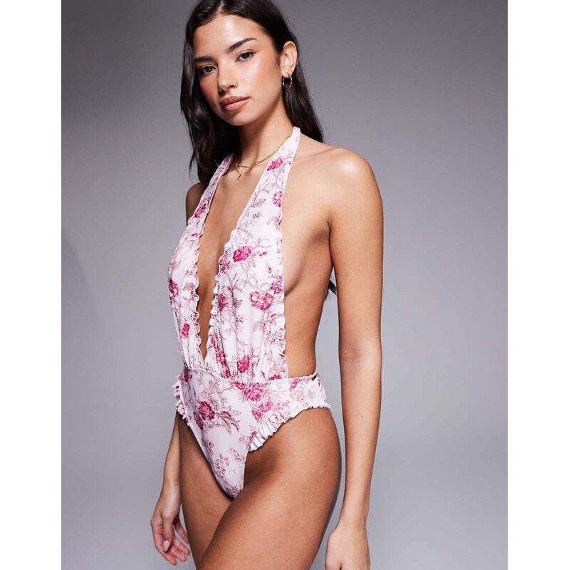 ASOS DESIGN Flora frill plunge neck swimsuit in vintage floral-Multi 115518621