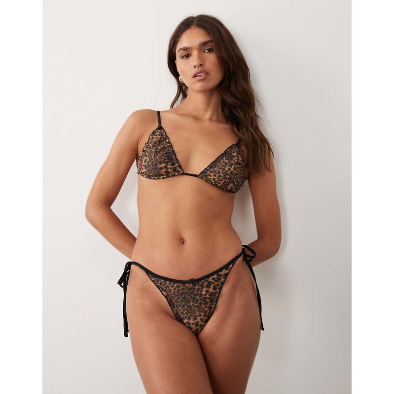 ASOS DESIGN Kitty tie side lettuce edge bikini bottom in leopard-Brown 115519178